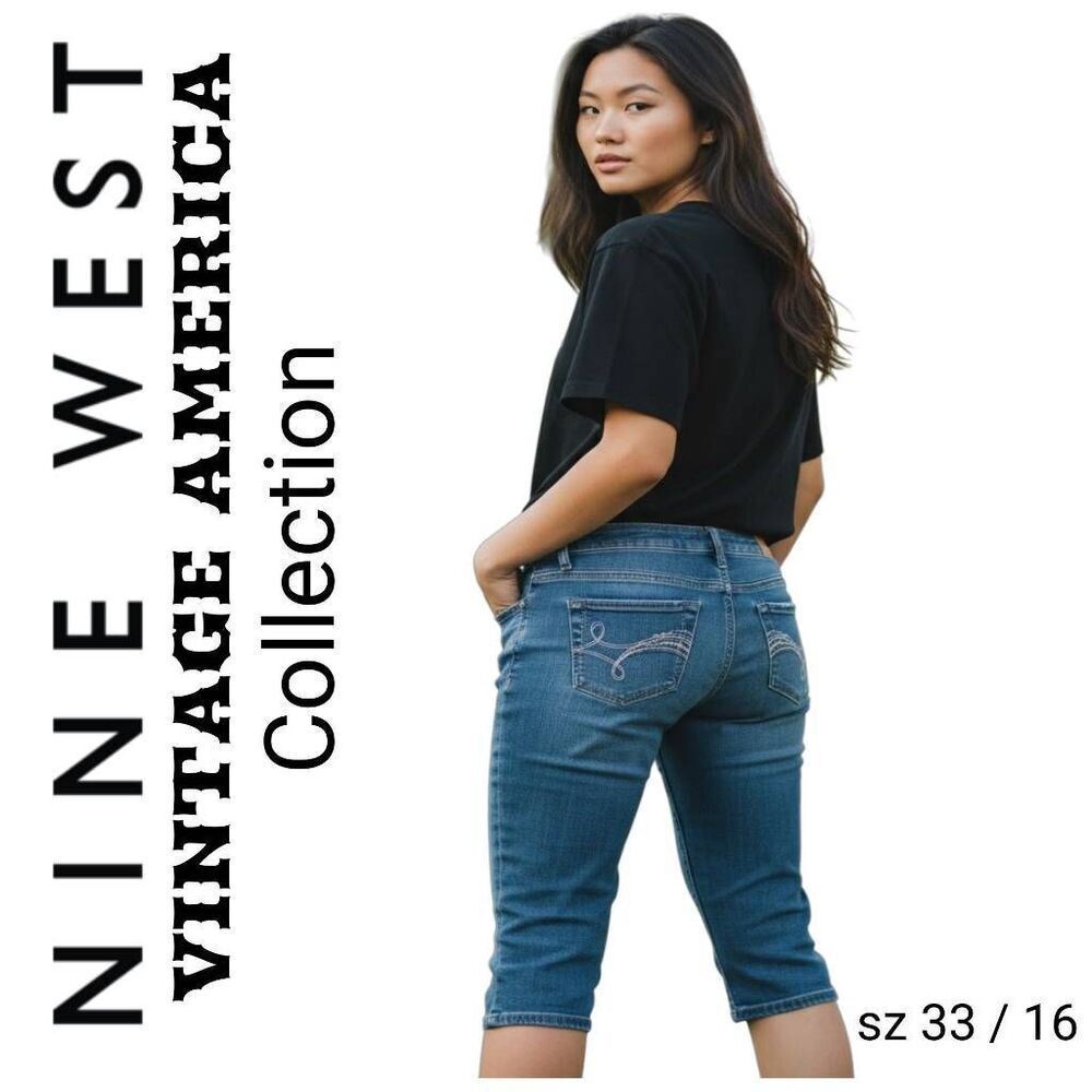 Nine West Vintage America Collection Thick Stitched Blue Denim Jean Shorts